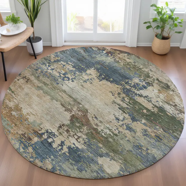 8' Blue Green And Beige Round Abstract Washable Indoor Outdoor Area Rug