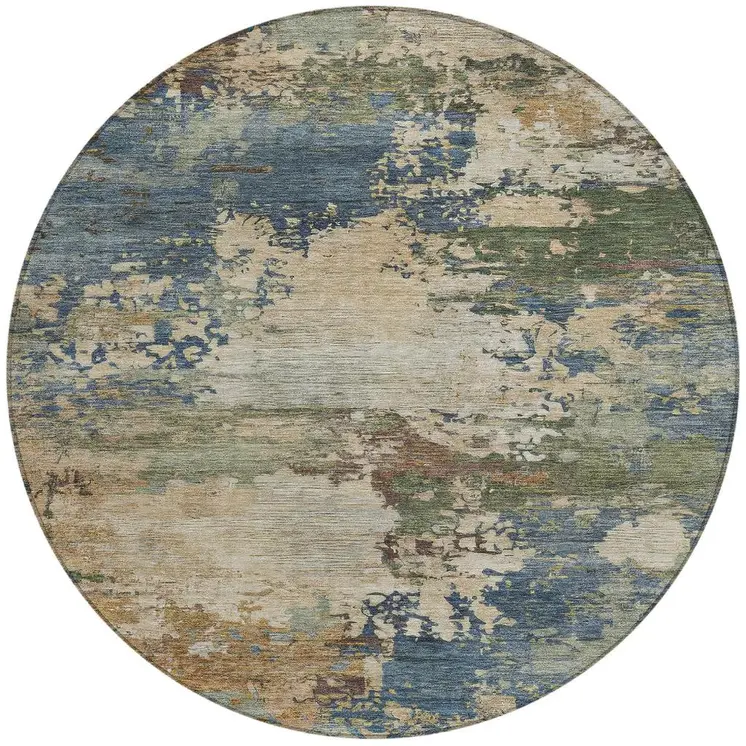 8' Blue Green And Beige Round Abstract Washable Indoor Outdoor Area Rug