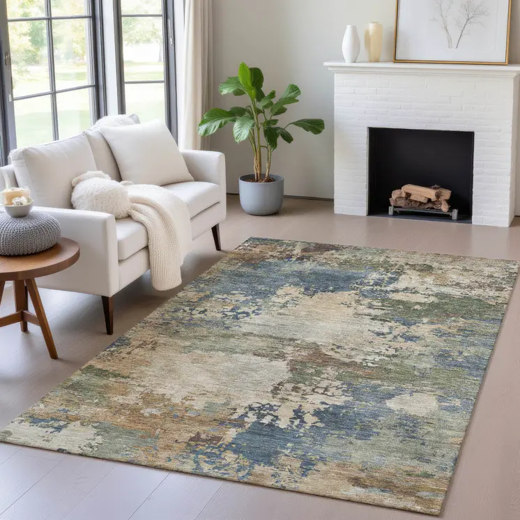 10' X 14' Blue Green And Beige Abstract Washable Indoor Outdoor Area Rug