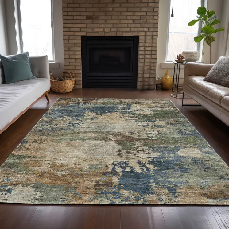 10' X 14' Blue Green And Beige Abstract Washable Indoor Outdoor Area Rug