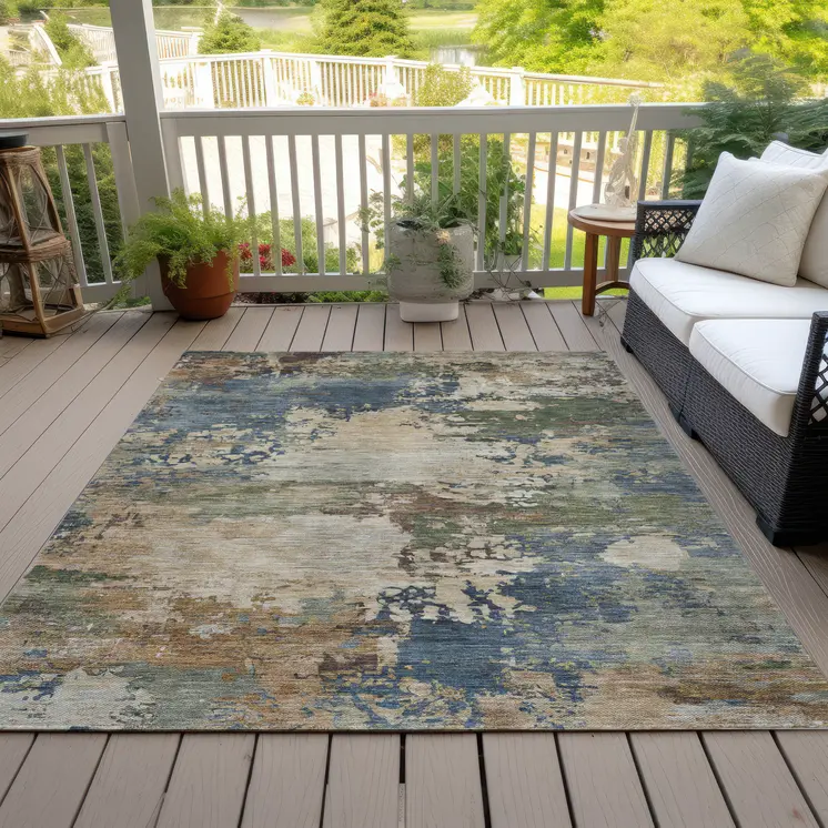 10' X 14' Blue Green And Beige Abstract Washable Indoor Outdoor Area Rug