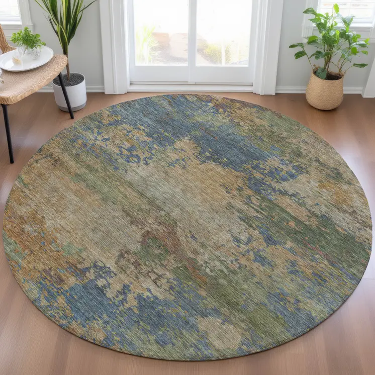 8' Denim Blue Beige And Copper Round Abstract Washable Indoor Outdoor Area Rug
