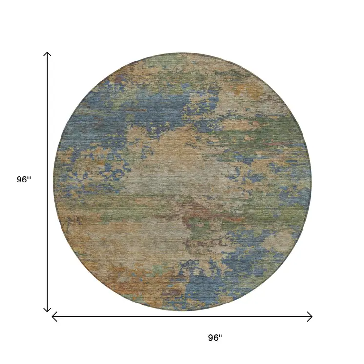 8' Denim Blue Beige And Copper Round Abstract Washable Indoor Outdoor Area Rug