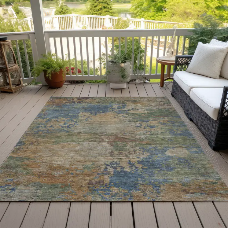 8' X 10' Denim Blue Beige And Copper Abstract Washable Indoor Outdoor Area Rug