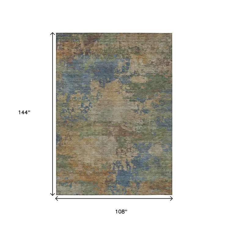 9' X 12' Denim Blue Beige And Copper Abstract Washable Indoor Outdoor Area Rug