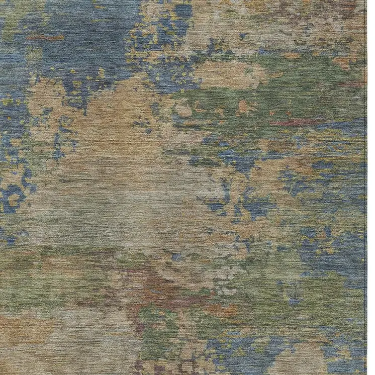 9' X 12' Denim Blue Beige And Copper Abstract Washable Indoor Outdoor Area Rug