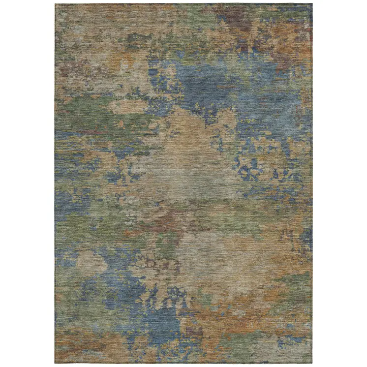 10' X 14' Denim Blue Beige And Copper Abstract Washable Indoor Outdoor Area Rug
