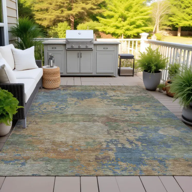 10' X 14' Denim Blue Beige And Copper Abstract Washable Indoor Outdoor Area Rug