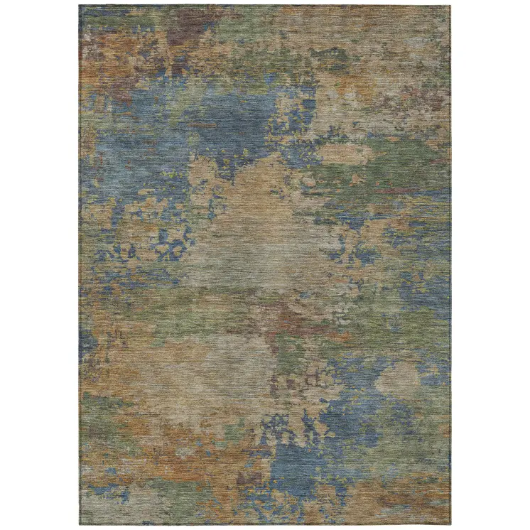 10' X 14' Denim Blue Beige And Copper Abstract Washable Indoor Outdoor Area Rug
