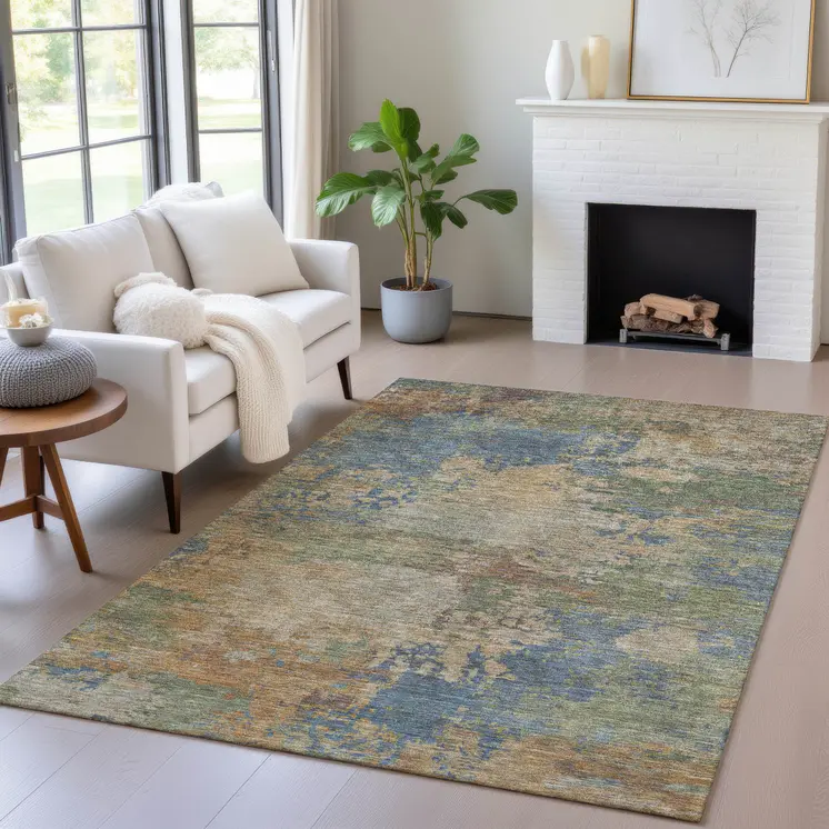 10' X 14' Denim Blue Beige And Copper Abstract Washable Indoor Outdoor Area Rug