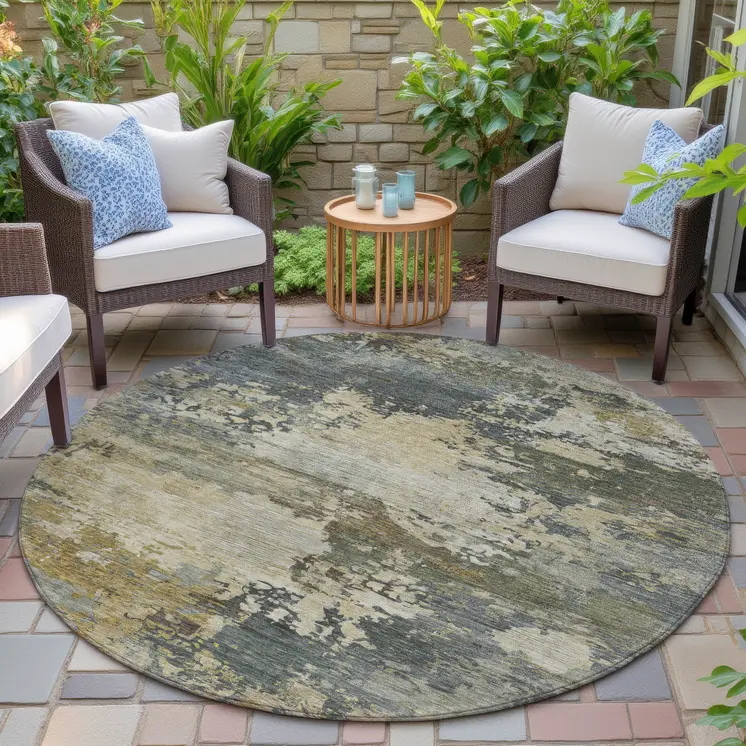 8' Gray Beige And Khaki Round Abstract Washable Indoor Outdoor Area Rug