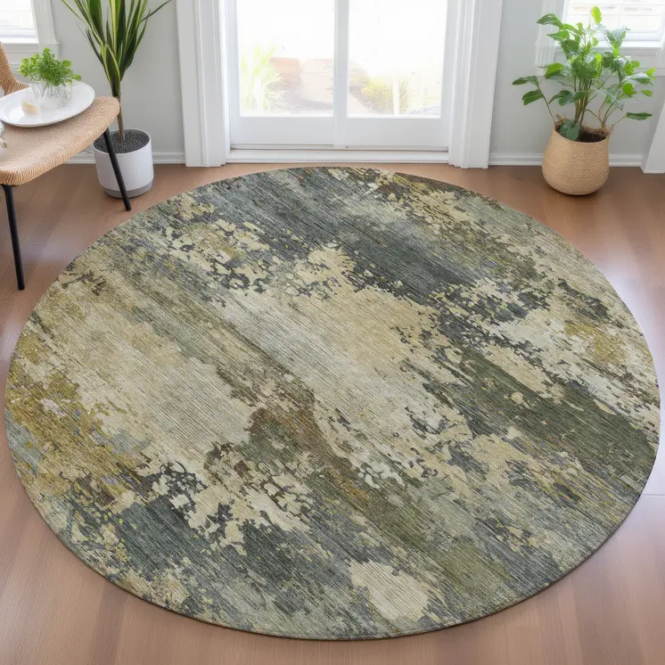 8' Gray Beige And Khaki Round Abstract Washable Indoor Outdoor Area Rug