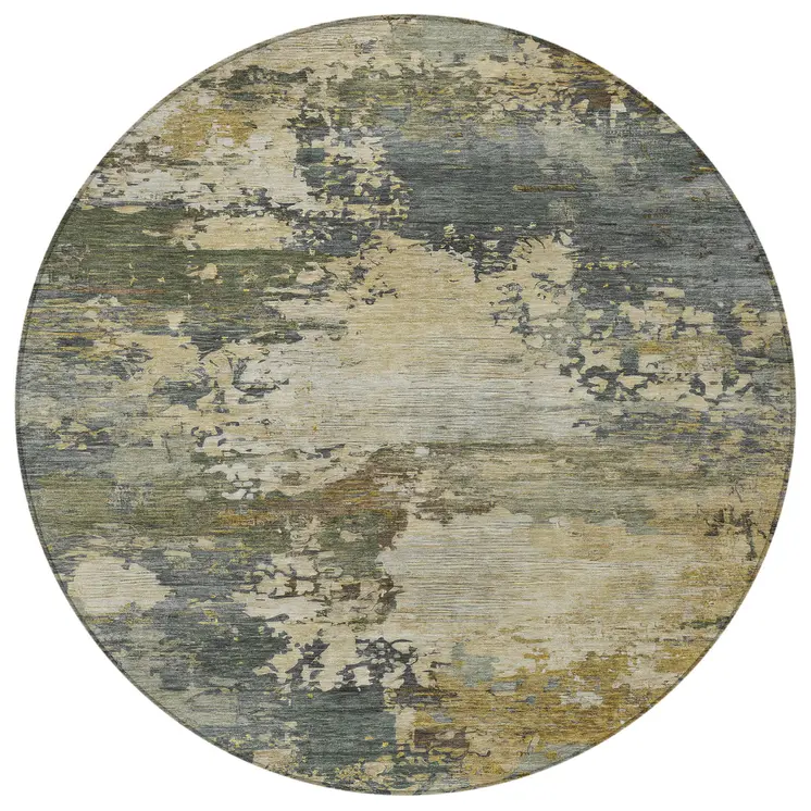 8' Gray Beige And Khaki Round Abstract Washable Indoor Outdoor Area Rug