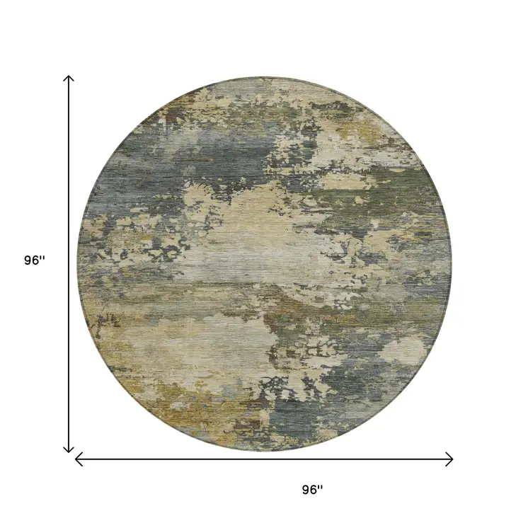 8' Gray Beige And Khaki Round Abstract Washable Indoor Outdoor Area Rug