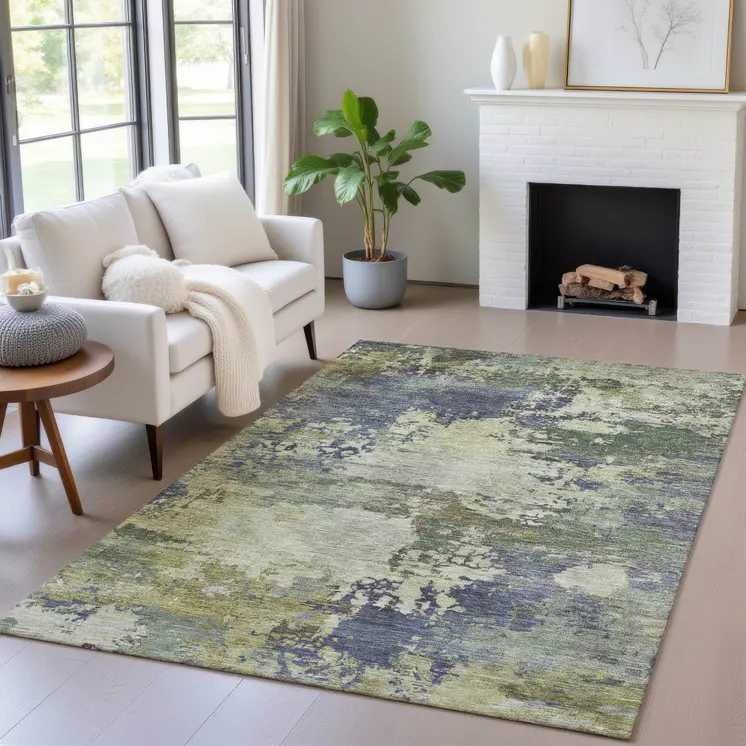 5' X 8' Purple Olive Green And Taupe Abstract Washable Indoor Outdoor Area Rug