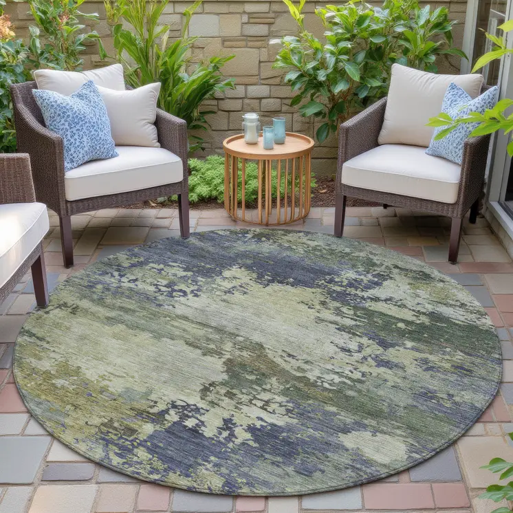 8' Purple Olive Green And Taupe Round Abstract Washable Indoor Outdoor Area Rug