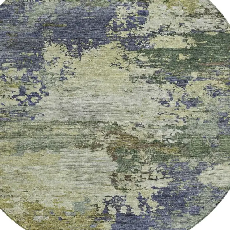 8' Purple Olive Green And Taupe Round Abstract Washable Indoor Outdoor Area Rug