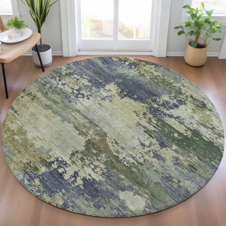 8' Purple Olive Green And Taupe Round Abstract Washable Indoor Outdoor Area Rug