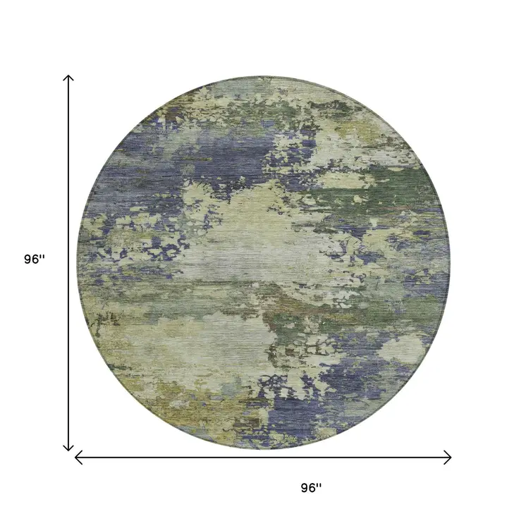 8' Purple Olive Green And Taupe Round Abstract Washable Indoor Outdoor Area Rug