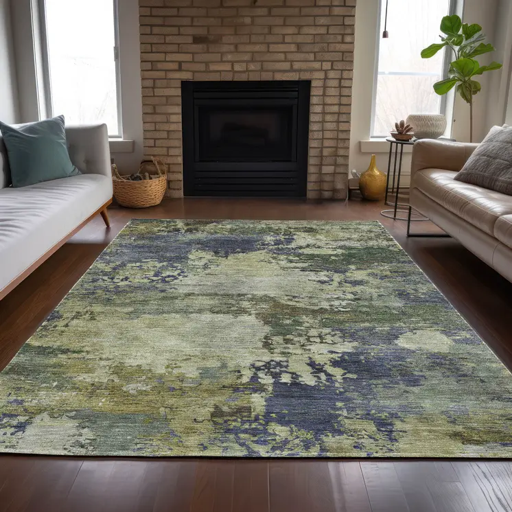 8' X 10' Purple Olive Green And Taupe Abstract Washable Indoor Outdoor Area Rug