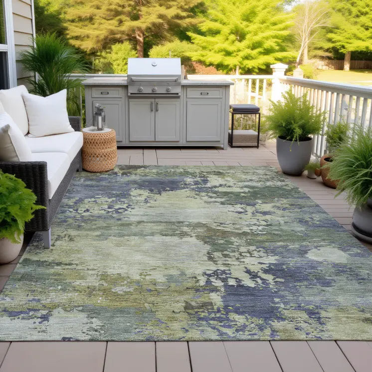 9' X 12' Purple Olive Green And Taupe Abstract Washable Indoor Outdoor Area Rug