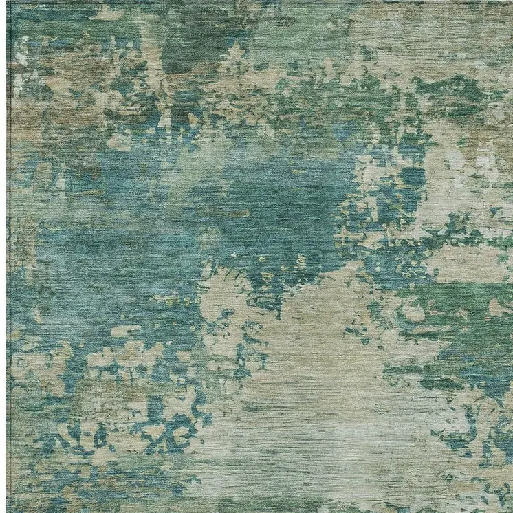 3' X 5' Teal Blue Beige And Denim Blue Abstract Washable Indoor Outdoor Area Rug