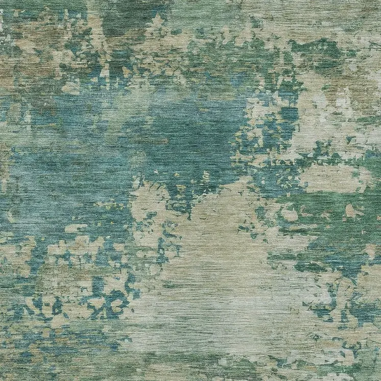 5' X 8' Teal Blue Beige And Denim Blue Abstract Washable Indoor Outdoor Area Rug