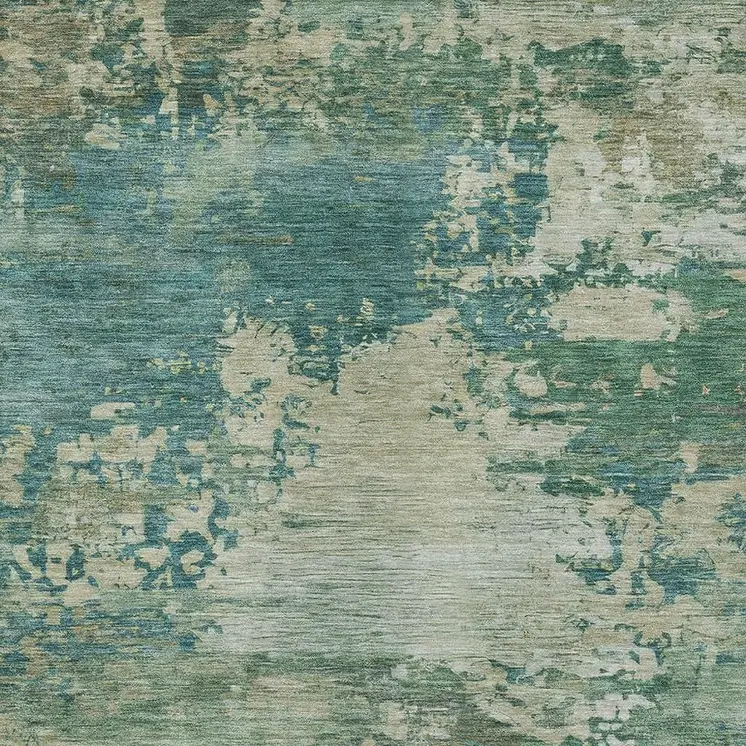 5' X 8' Teal Blue Beige And Denim Blue Abstract Washable Indoor Outdoor Area Rug