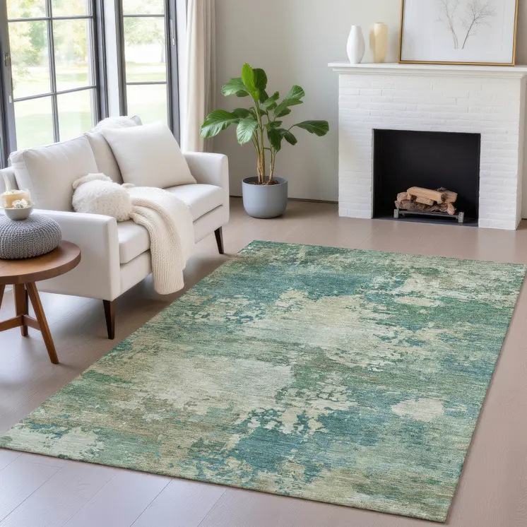5' X 8' Teal Blue Beige And Denim Blue Abstract Washable Indoor Outdoor Area Rug