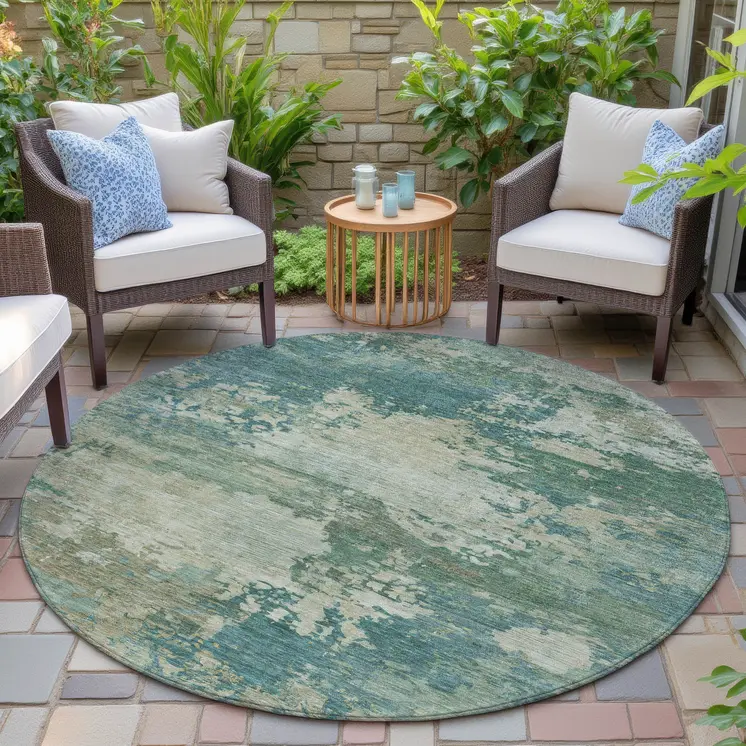 8' Teal Blue Beige And Denim Blue Round Abstract Washable Indoor Outdoor Area Rug