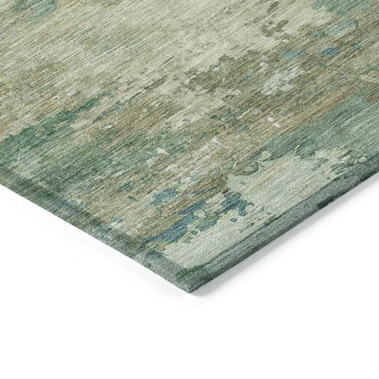 8' Teal Blue Beige And Denim Blue Round Abstract Washable Indoor Outdoor Area Rug