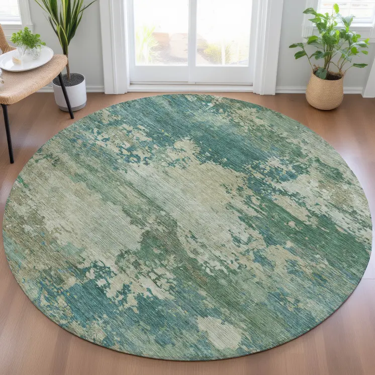 8' Teal Blue Beige And Denim Blue Round Abstract Washable Indoor Outdoor Area Rug