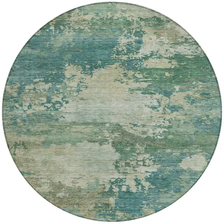 8' Teal Blue Beige And Denim Blue Round Abstract Washable Indoor Outdoor Area Rug