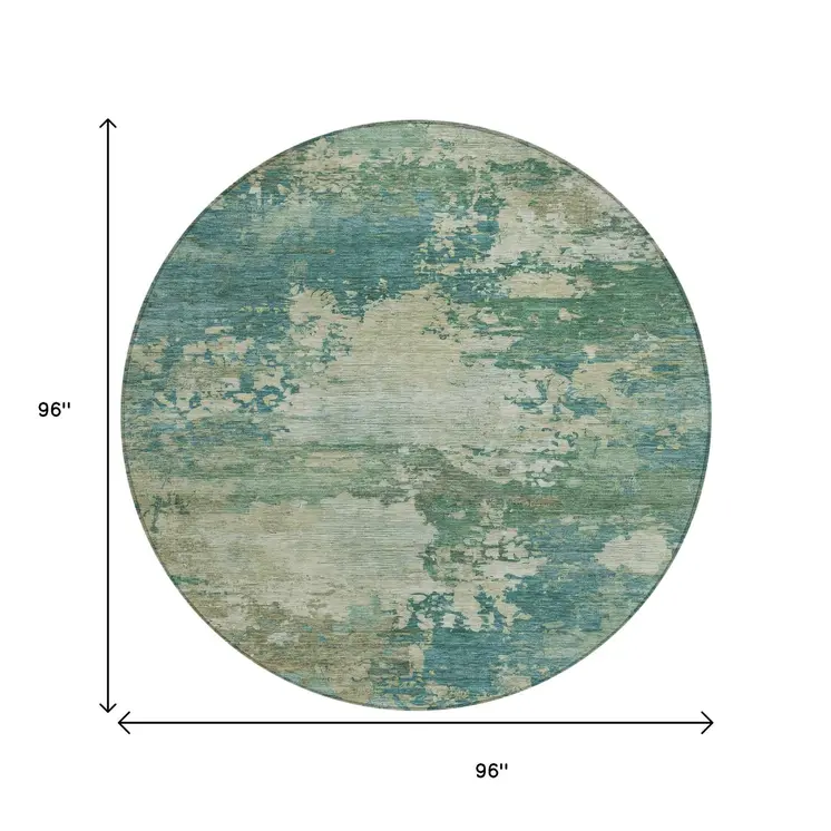 8' Teal Blue Beige And Denim Blue Round Abstract Washable Indoor Outdoor Area Rug