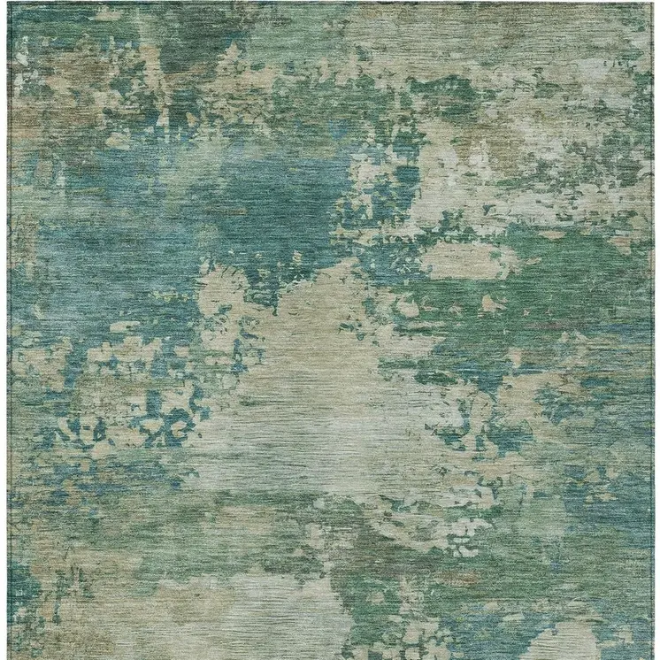 8' X 10' Teal Blue Beige And Denim Blue Abstract Washable Indoor Outdoor Area Rug