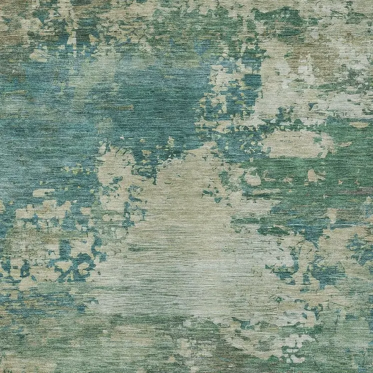 8' X 10' Teal Blue Beige And Denim Blue Abstract Washable Indoor Outdoor Area Rug