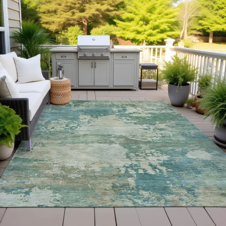 8' X 10' Teal Blue Beige And Denim Blue Abstract Washable Indoor Outdoor Area Rug
