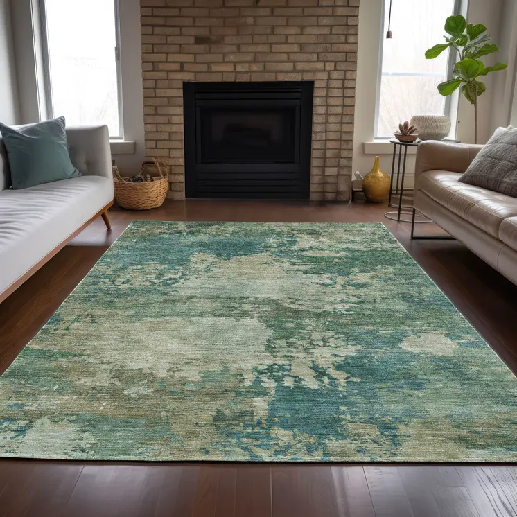 8' X 10' Teal Blue Beige And Denim Blue Abstract Washable Indoor Outdoor Area Rug