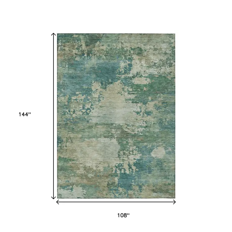 9' X 12' Teal Blue Beige And Denim Blue Abstract Washable Indoor Outdoor Area Rug