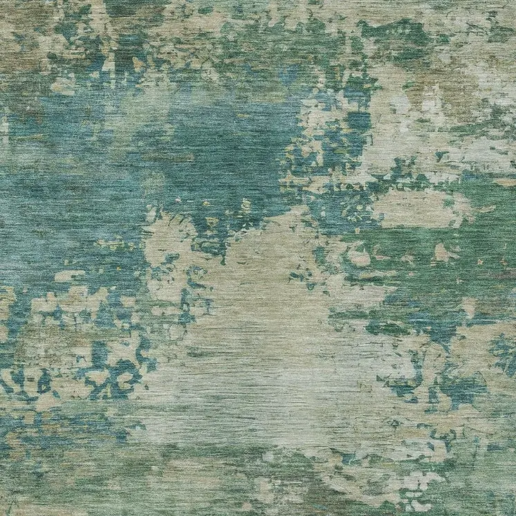 9' X 12' Teal Blue Beige And Denim Blue Abstract Washable Indoor Outdoor Area Rug