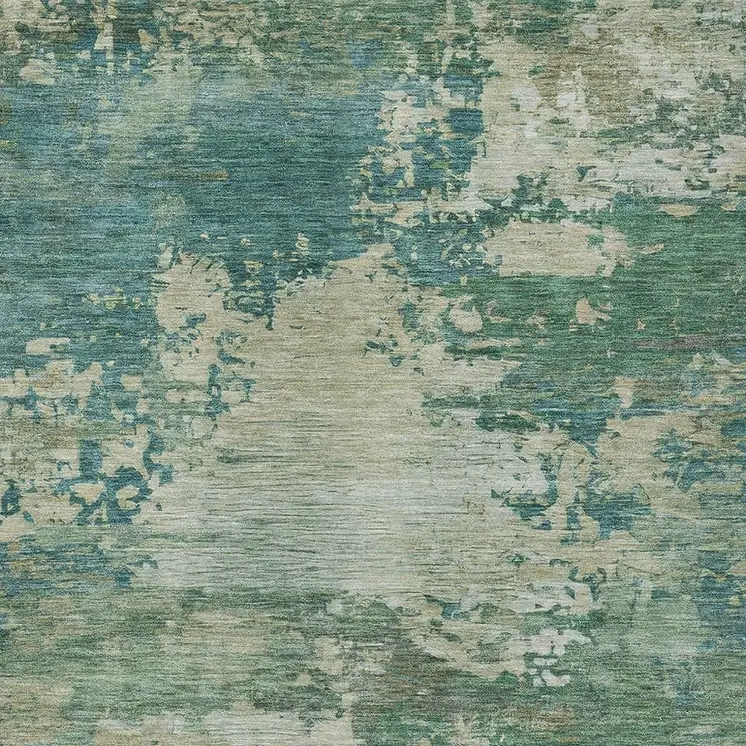 9' X 12' Teal Blue Beige And Denim Blue Abstract Washable Indoor Outdoor Area Rug