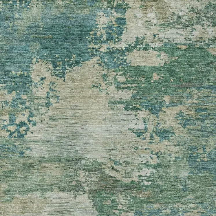 9' X 12' Teal Blue Beige And Denim Blue Abstract Washable Indoor Outdoor Area Rug