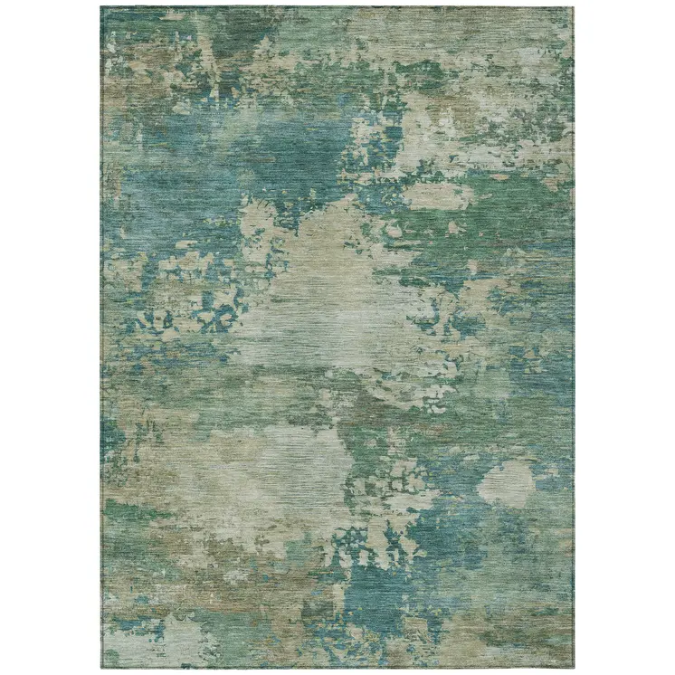 9' X 12' Teal Blue Beige And Denim Blue Abstract Washable Indoor Outdoor Area Rug