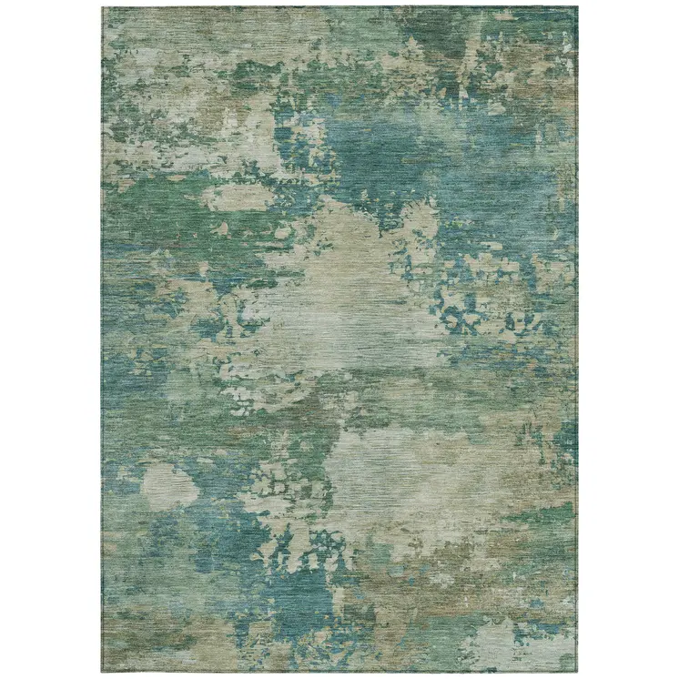 9' X 12' Teal Blue Beige And Denim Blue Abstract Washable Indoor Outdoor Area Rug