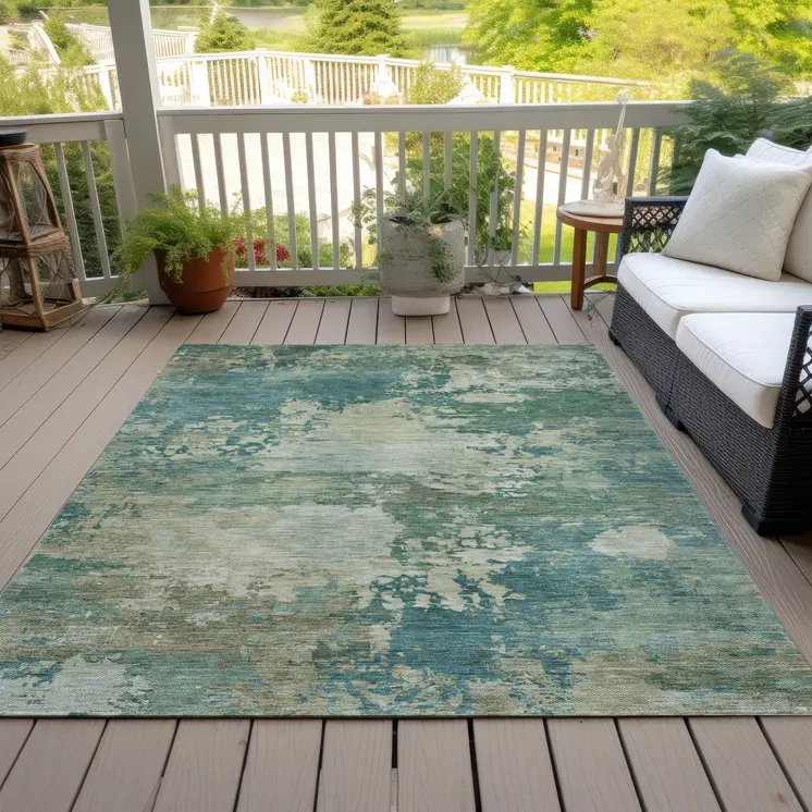 9' X 12' Teal Blue Beige And Denim Blue Abstract Washable Indoor Outdoor Area Rug