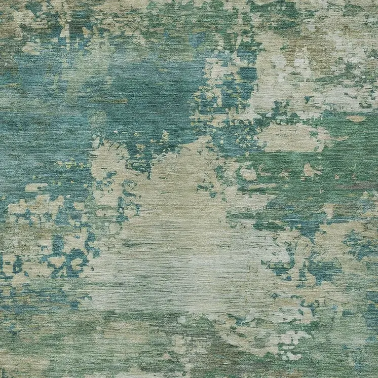 10' X 14' Teal Blue Beige And Denim Blue Abstract Washable Indoor Outdoor Area Rug