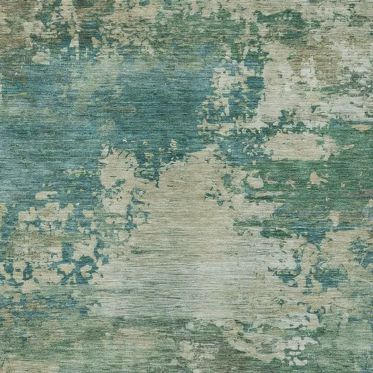 10' X 14' Teal Blue Beige And Denim Blue Abstract Washable Indoor Outdoor Area Rug