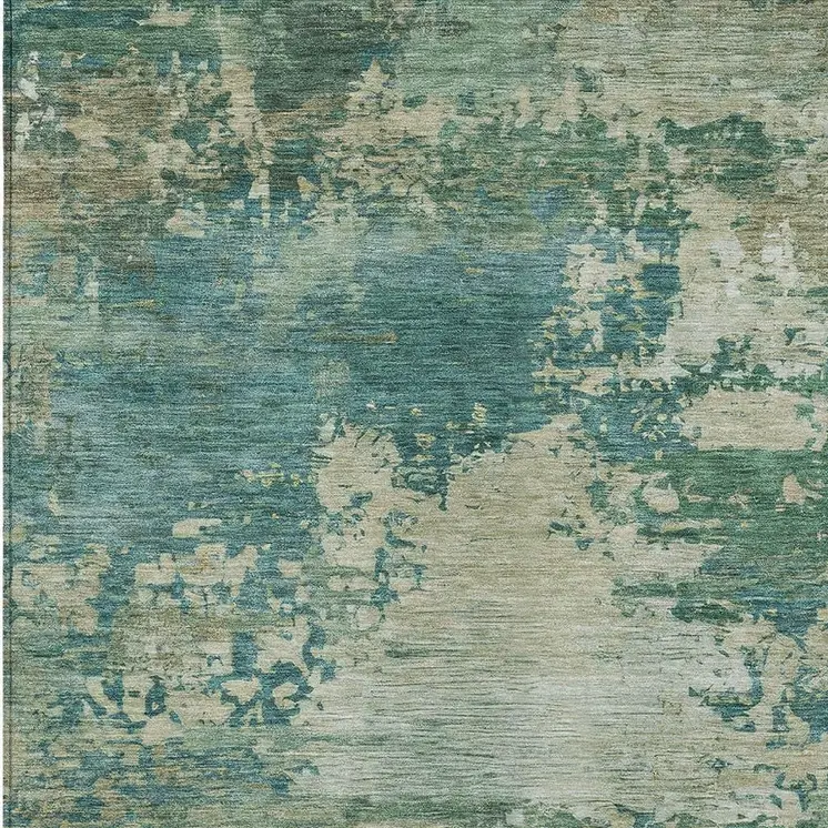 10' X 14' Teal Blue Beige And Denim Blue Abstract Washable Indoor Outdoor Area Rug