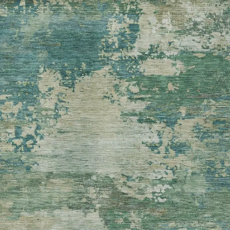10' X 14' Teal Blue Beige And Denim Blue Abstract Washable Indoor Outdoor Area Rug