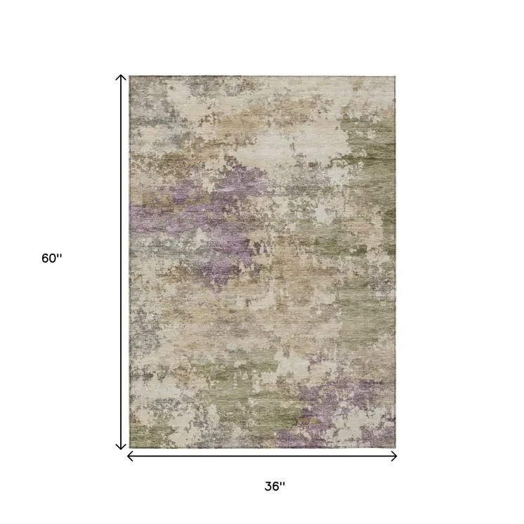 3' X 5' Beige Green And Purple Abstract Washable Indoor Outdoor Area Rug